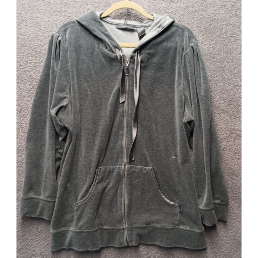 VTG Liz Claiborne Womens Velour  Hoodie L Gray‎ Soft Velvet Y2K Cozy Lounge Zip